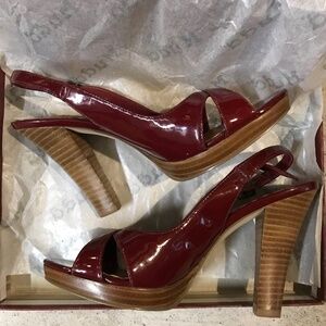Y2K VIVA Women's Sandal Heels Pumps Size 5.5 Red Brown Ankle Strap Open Toe